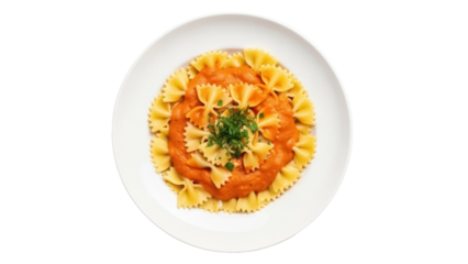 Farfalle pasta with tomato sauce isolated on transparent background PNG, delicious Italian dish with bow tie pasta for restaurant menu