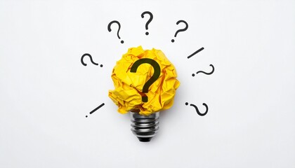 Yellow paper lightbulb with question marks on white.