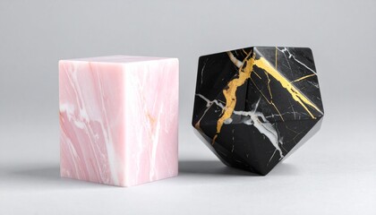 Pink prism and black polyhedron with marble veining on white.