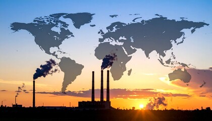 Smokestacks emit pollution against sunset with global map overlay.
