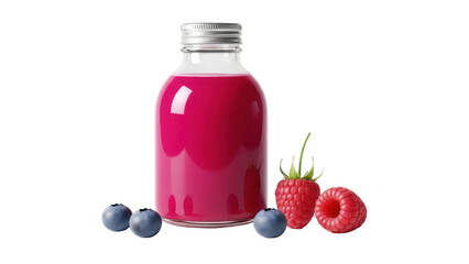 Berry smoothie in glass bottle isolated PNG, fresh pink drink with blueberries and raspberries on transparent background, healthy beverage