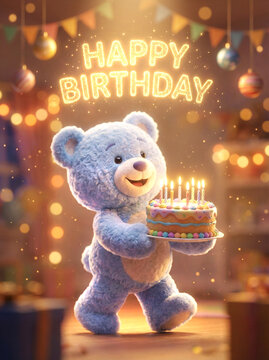 cute blue teddy bear with glowing cake and festive lights