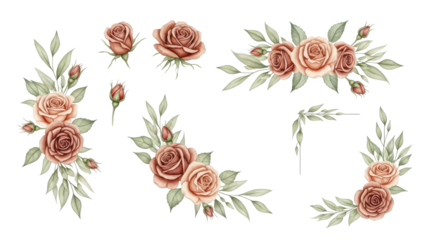 Set of watercolor floral arrangements of brown and peach roses and leaves. Botanic decoration illustration for wedding card, fabric, and logo composition