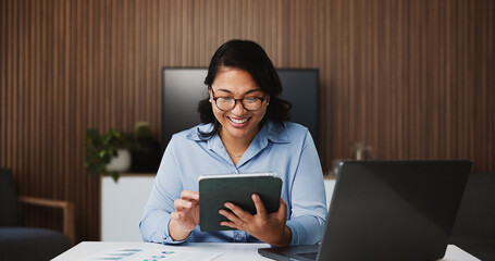 Business, woman and smile with tablet in office for data analysis, finance report and evaluation. Person, tech and document with company performance, financial statistics and comparison of revenue