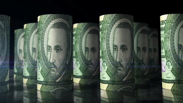 Paraguay guarani Paraguayan money rolls loop 3d. Camera moving in front of 100000 PYG rolling banknotes. Seamless loopable concept of economy, finance, business and debt.