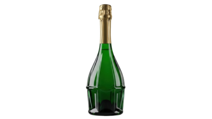 Elegant green champagne bottle isolated PNG on transparent background, sparkling wine for celebrations and special occasions