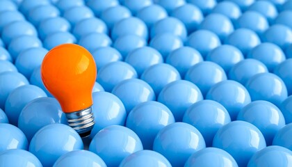 Orange light bulb among blue spheres.