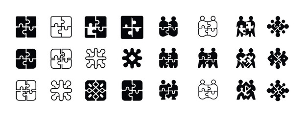 Puzzle and teamwork icons set in black and white