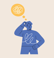 Confused boy thinking with speech bubble with tangled thoughts. Colorful vector illustration