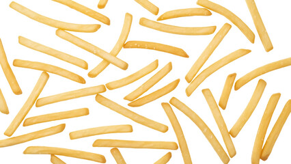 Fototapeta premium Golden french fries PNG isolated on transparent background, crispy potato sticks for fast food menus and snack designs