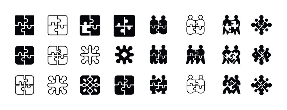 Puzzle and teamwork icons set in black and white