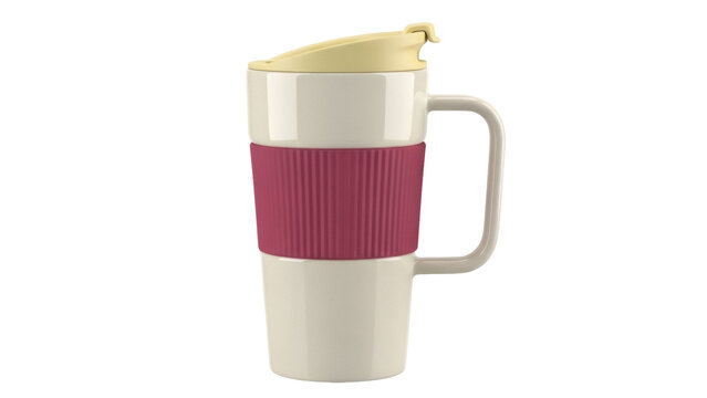Beige travel mug with handle and red grip isolated PNG, reusable coffee cup for hot drinks on transparent background