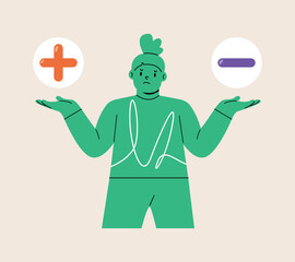Puzzled girl having a dilemma deciding about advantages and disadvantages. Colorful vector illustration