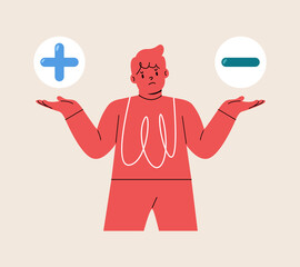 Puzzled boy having a dilemma deciding about advantages and disadvantages. Colorful vector illustration