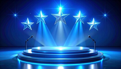 Star-lit stage with blue lights and three microphones.