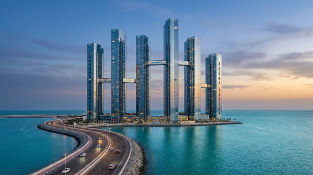 Modern skyscrapers connected by skybridges rise majestically over the ocean at sunset - Powered by Adobe