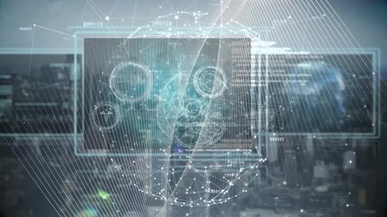 Animation of data processing on screens over cityscape - Powered by Adobe