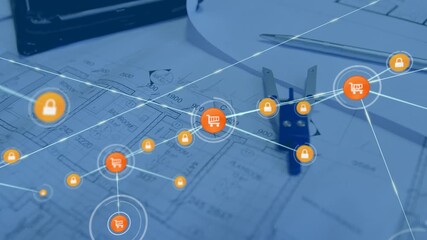 Animation of network of connections with icons over architects drawings - Powered by Adobe