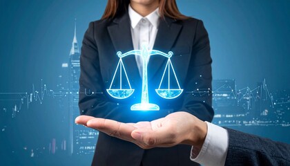 Businessman presents glowing justice hologram over city at night.