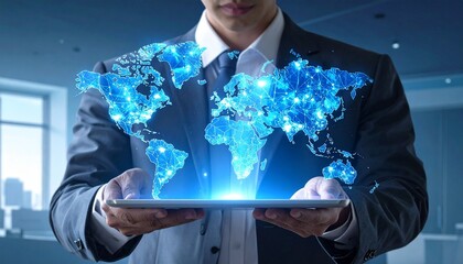 Businessman with laptop projecting glowing global map at night.