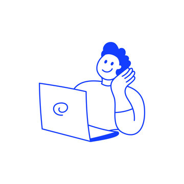 Vector illustration in simple linear hand drawn style, man working at the computer