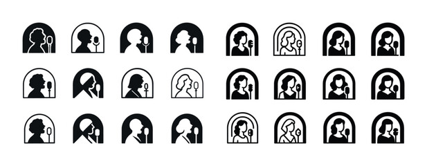 Silhouettes of people singing into microphones in various styles