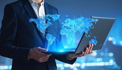 Businessman with laptop projecting glowing global map at night.