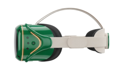 Green VR headset PNG isolated on transparent background, virtual reality glasses for gaming and metaverse experience