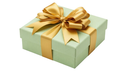 Obraz premium Light green gift box with golden ribbon isolated PNG, present for birthday or Christmas on transparent background