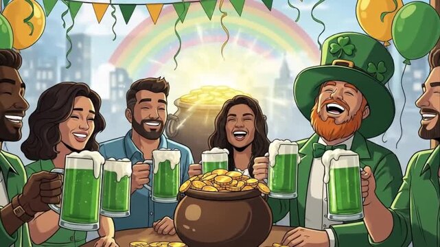Diverse Group Celebrating St Patricks Day Toasting Green Beer with Leprechaun