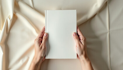 Hands holding a blank white book mockup over light beige fabric background, showcasing a clean book mockup template ready for design presentation. Concept book mockup for branding identity.