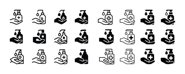 Fototapeta premium Set of sanitizer bottle icons in various styles with hand and droplet designs