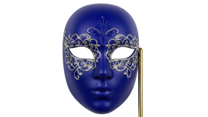 Elegant blue Venetian mask isolated PNG on transparent background, decorative masquerade ball mask with silver filigree for costume party