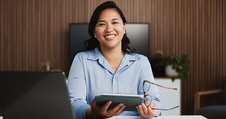 Portrait, woman and happy with tablet, office and attorney with research on web for case or justice. Legal, lawyer and Asian person with tech for evidence, confident and smile for trial in Thailand
