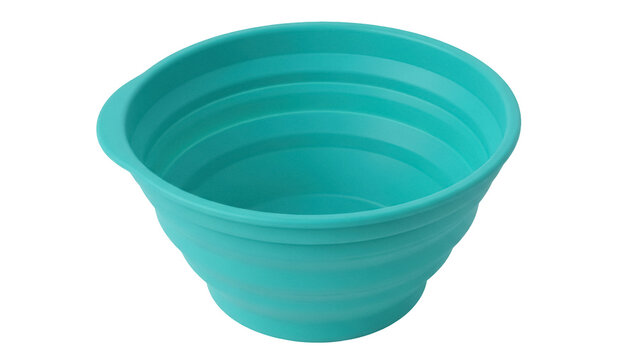 Collapsible teal silicone bowl isolated PNG on transparent background, flexible pet food and water container for travel and outdoor use
