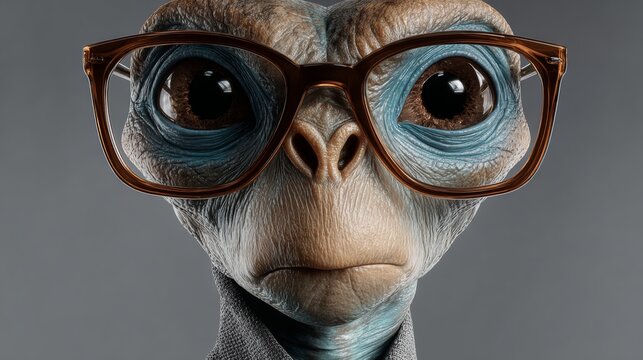 Alien character with large expressive eyes and stylish glasses, wearing a gray shirt, showcasing a thoughtful expression against a neutral background, embodying curiosity and intelligence