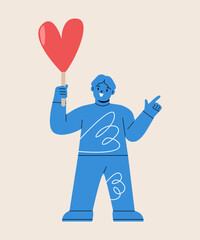 Boy holding paper heart. Colorful vector illustration