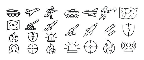 Naklejka premium Military icons set: vehicles, weapons, strategy maps, soldiers, shields