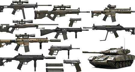 Modern military weapons and tank illustration, sniper rifles, pistols, assault guns, camouflage vehicle, combat gear collection, defense concept, flat vector © MstFerdushe