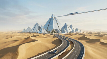 Futuristic pyramid city in desert with hyperloop and highway, representing advanced civilization