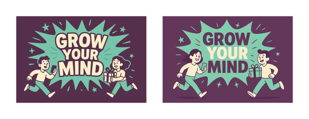Grow your mind illustration with smiling characters iconic comic style text