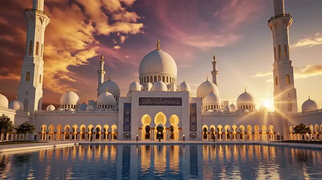 Beautiful Mosque with Domes and Minarets at Sunset.