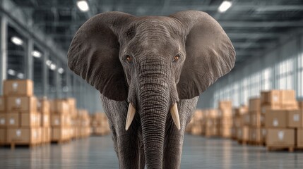 Obraz premium Majestic elephant standing in a spacious warehouse filled with stacked cardboard boxes, showcasing the contrast between wildlife and industrial environment, symbolizing harmony between nature and comm