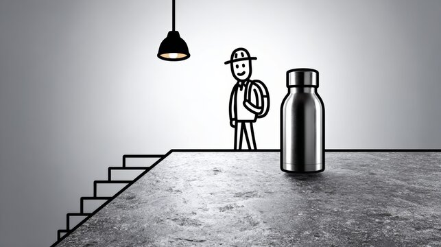 Minimalist illustration featuring a smiling character with a backpack standing beside a sleek metal water bottle on a textured surface with a hanging light above, conveying a sense of adventure and hy