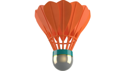 Orange badminton shuttlecock isolated PNG on transparent background, sport equipment for recreational games and competitive play