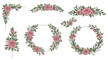 Set of floral branch. Flower pink rose, green leaves. Wedding concept with flowers. Floral poster, invite. Vector arrangements for greeting card or invitation design