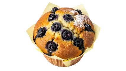 Delicious blueberry muffin with powdered sugar isolated PNG, sweet baked treat on transparent background for dessert or breakfast