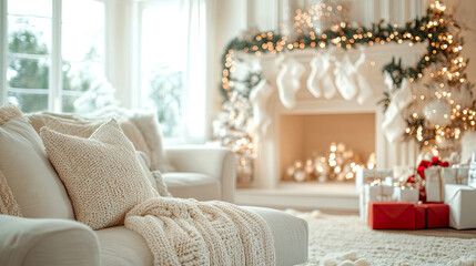 Naklejka premium Elegant Christmas living room interior decorated with warm bokeh string lights and cozy knitted textures, featuring creamy sofa, plump pillows, and festive fireplace mantle.