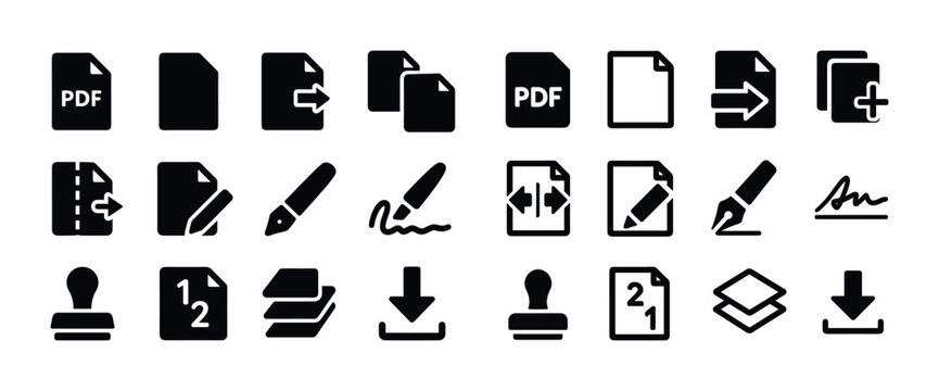 Pdf document management icons set: edit, sign, download, merge, annotate