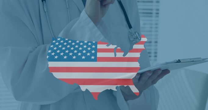 Animation of flag of united states of america over happy new building